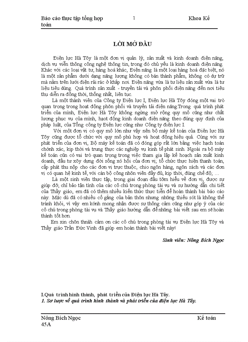 Đặc điểm tổ chức một số phần hành kế toán chủ yếu của Điện lực Hà Tây