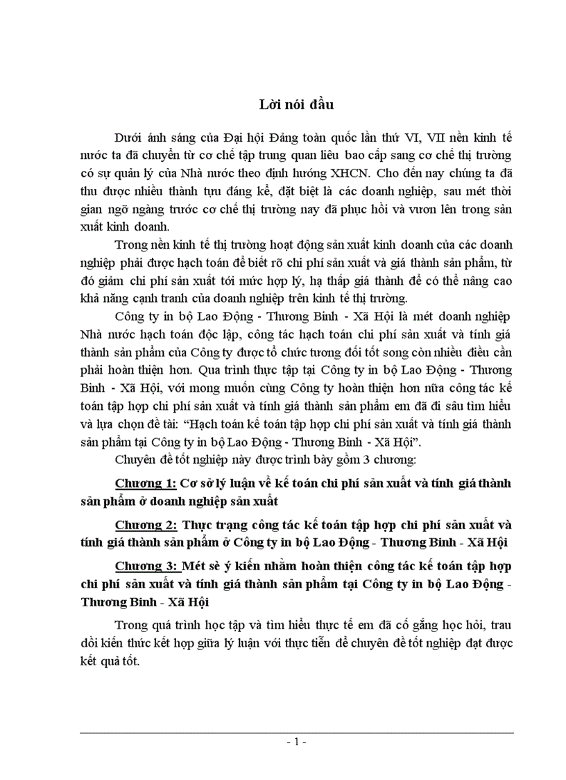 Hạch toán kế toán tập hợp chi phí sản xuất và tính giá thành sản phẩm tại Công ty in Bộ Lao Động Thương Binh Xã Hội 1