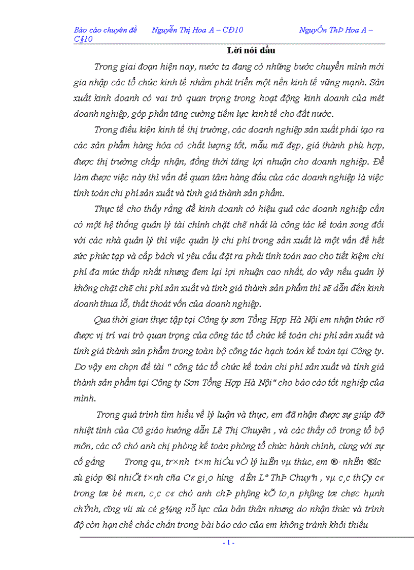 Công tác tổ chức kế toán chi phí sản xuất và tính giá thành sản phẩm tại Công ty Sơn Tổng Hợp Hà Nội 1