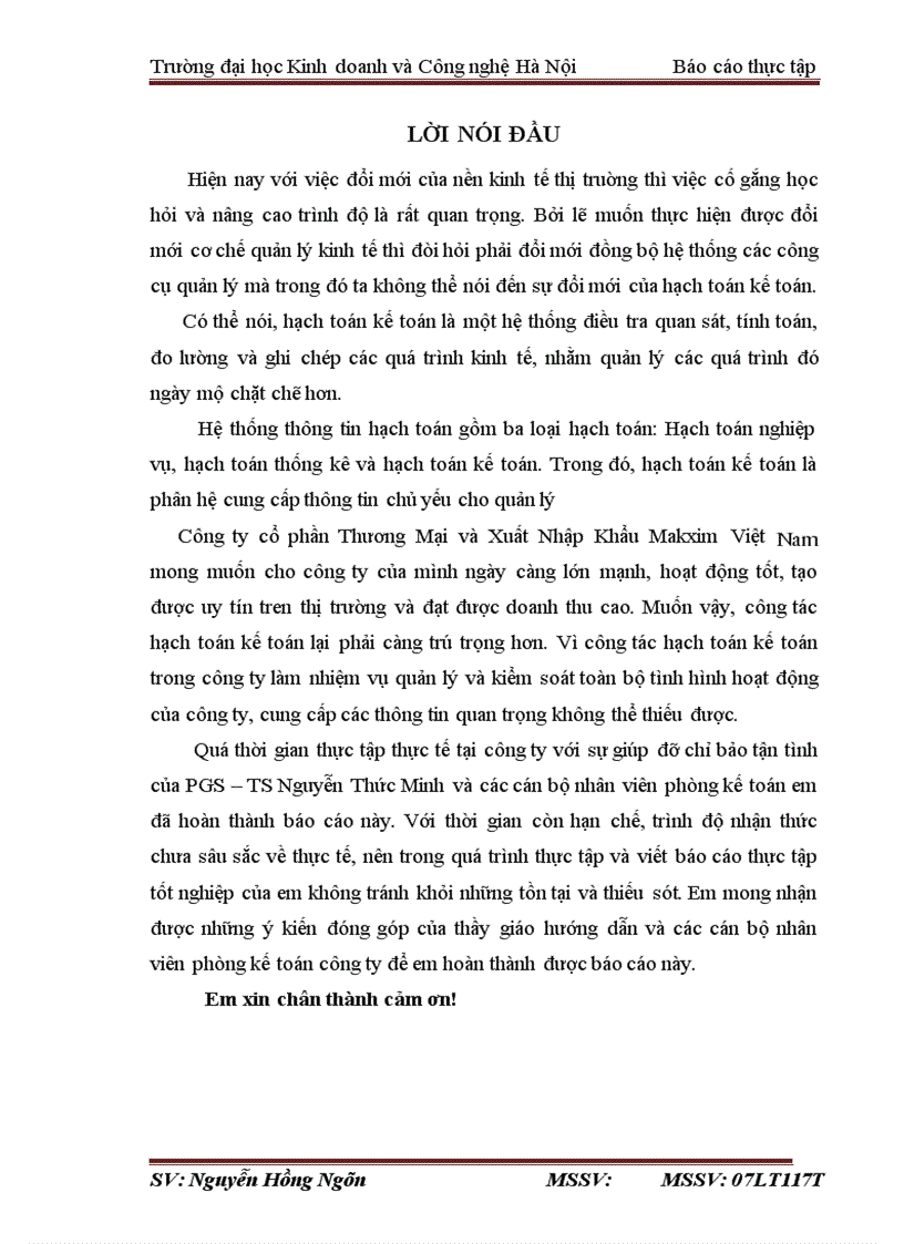 Báo cáo thực tập tổng hợp tại công ty cổ phần thương mại và xuất nhập khẩu Makxim Việt Nam