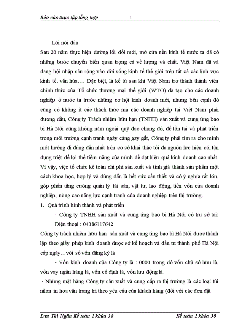 Báo cáo thực tập tổng hợp tại Công ty TNHH sản xuất và cung ứng bao bì Hà Nội