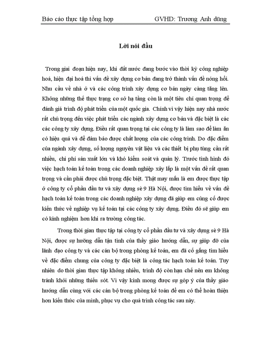 Thực trạng công tác tổ chức hạch toán kế toán công ty cổ phần đầu tư và xây dựng số 9 Hà Nội