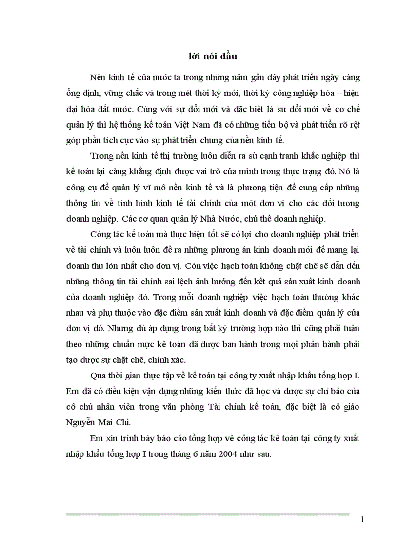 Báo cáo tổng hợp về công tác kế toán tại công ty xuất nhập khẩu tổng hợp I trong tháng 6 năm 2004 1