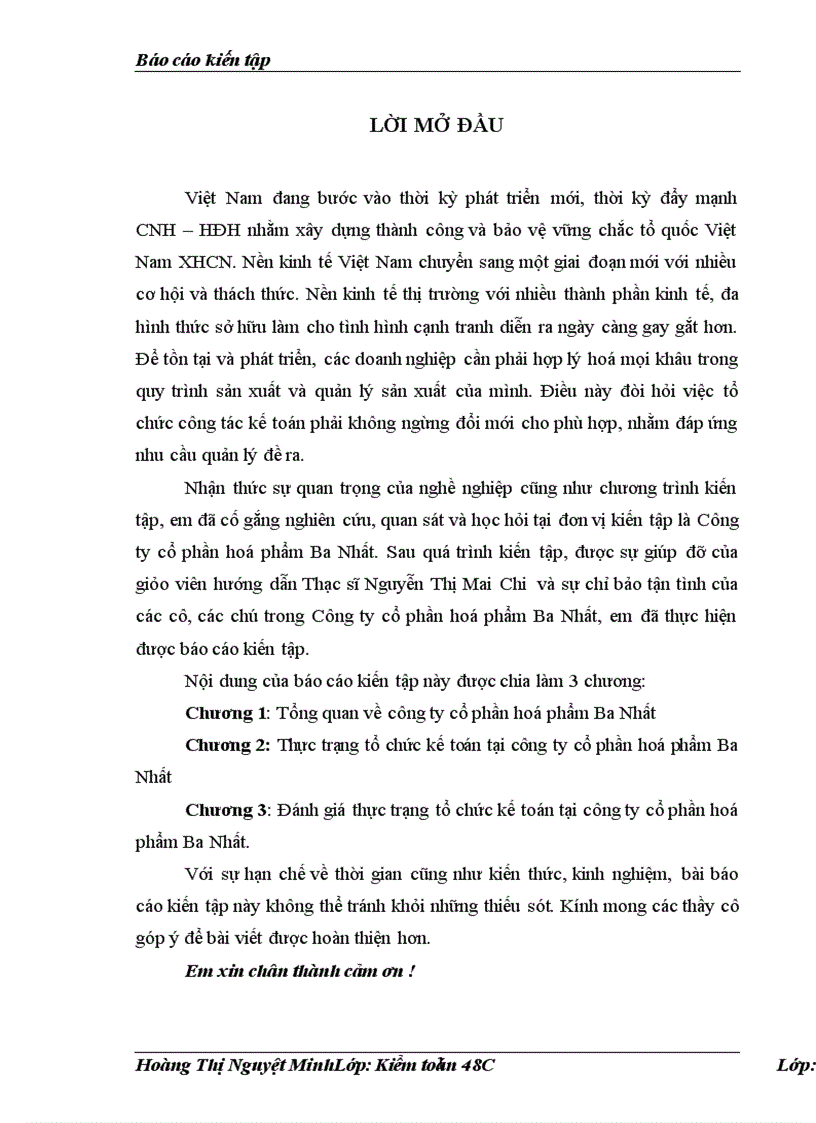 Đánh giá thực trạng tổ chức kế toán tại công ty cổ phần hoá phẩm Ba Nhất 1