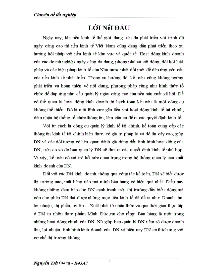 Bán hàng và xác định kết quả kinh doanh cuả ĐN tư nhân thực phẩm Minh Đức 1