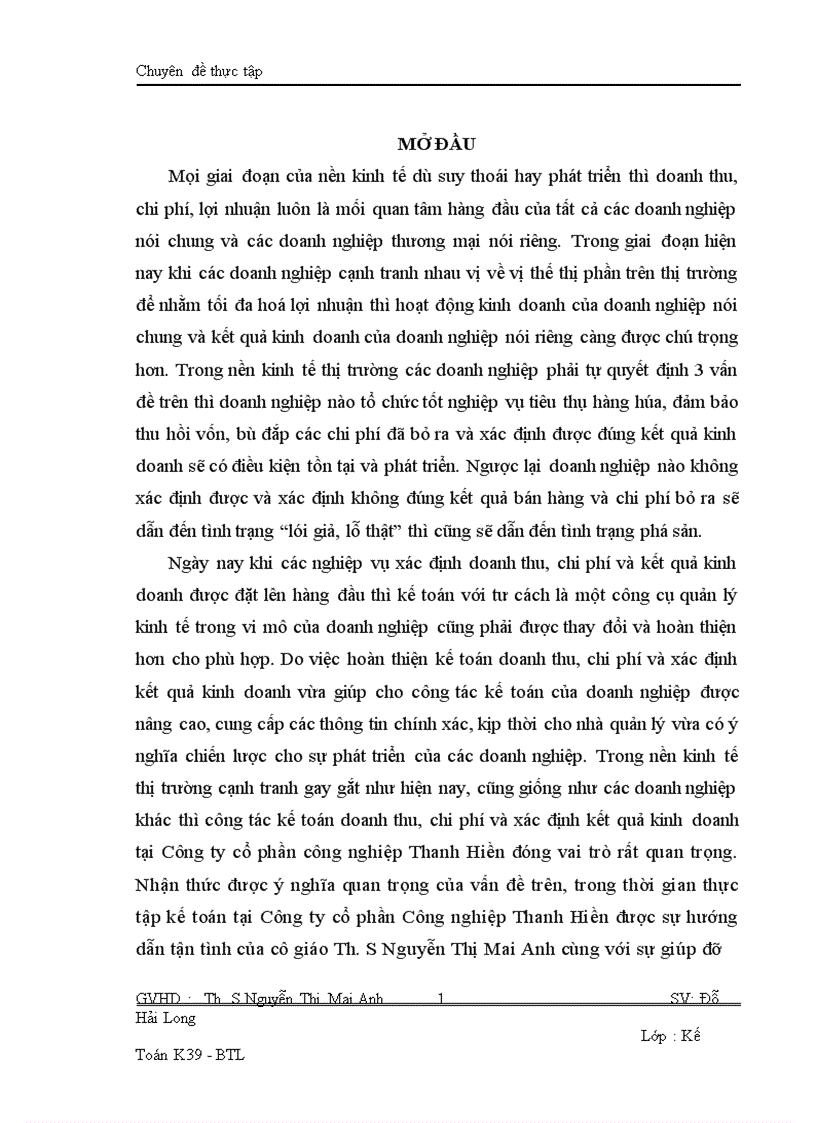 Hoàn thiện công tác kế toán doanh thu chi phí và xác định kết quả kinh doanh tại Công ty Cổ phần Công Nghiệp Thanh Hiền