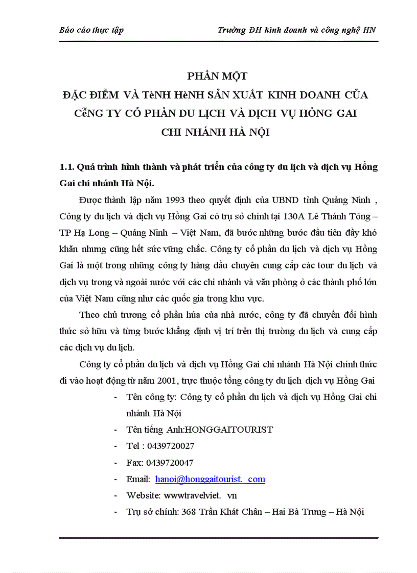 Tình hình tổ chức bộ máy kế toán và công tác kế toán tại Công ty cổ phần du lịch và dịch vụ Hồng Gai chi nhánh Hà Nội 1