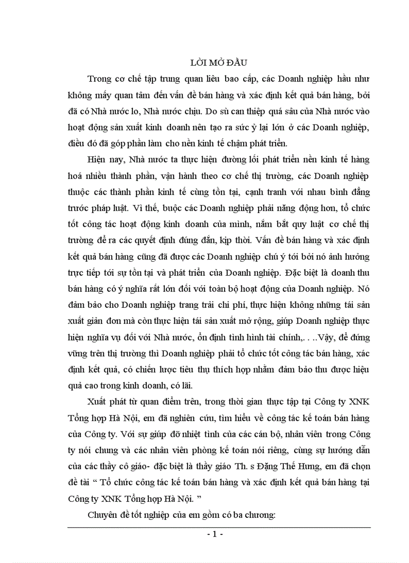 Tổ chức công tác kế toán bán hàng và xác định kết quả bán hàng tại Công ty XNK Tổng hợp Hà Nội 1