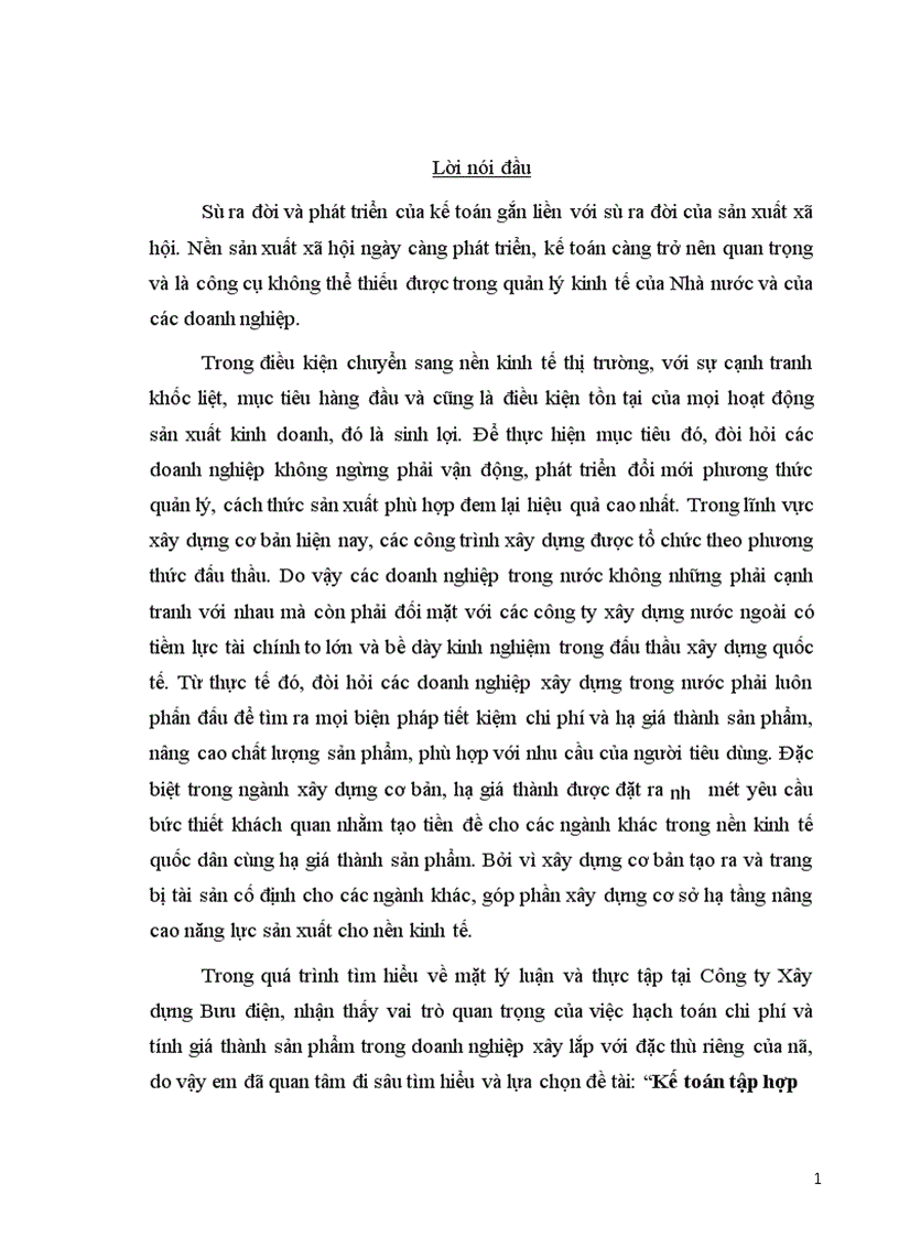 Kế toán tập hợp chi phí sản xuất và tính giá thành sản phẩm ở Công ty Xây dựng Bưu điện 1