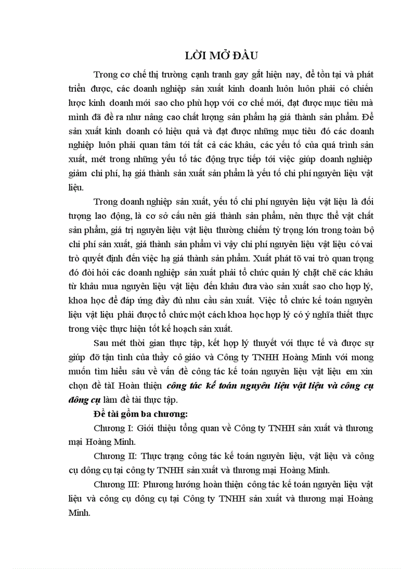Hoàn thiện công tác kế toán nguyên vật liệu CCDC tại Công ty TNHH sản xuất và thương mại Hoàng Minh