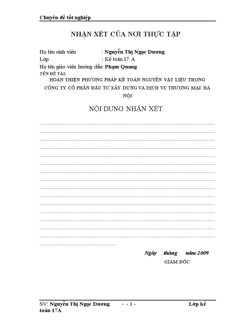Hoàn thiện phương pháp kế toán Nguyên vật liệu trong Công ty Cổ Phần Đầu Tư Xây Dựng và Dịch Vụ Thương Mại Hà Nội 1