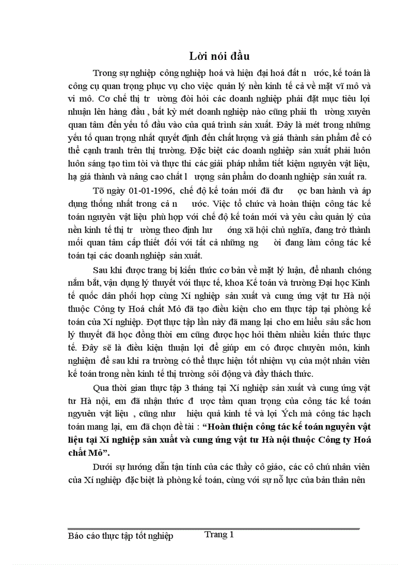 Hoàn thiện công tác kế toán nguyên vật liệu tại Xí nghiệp sản xuất và cung ứng vật tư Hà nội thuộc Công ty Hoá chất Mỏ 1