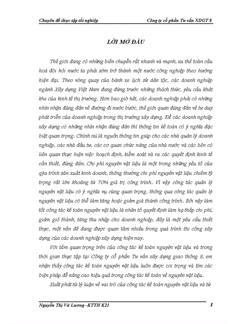 Hoàn thiện kế toán nguyên vật liệu tại Công ty cổ phần Tư vấn xây dựng giao thông 8 1