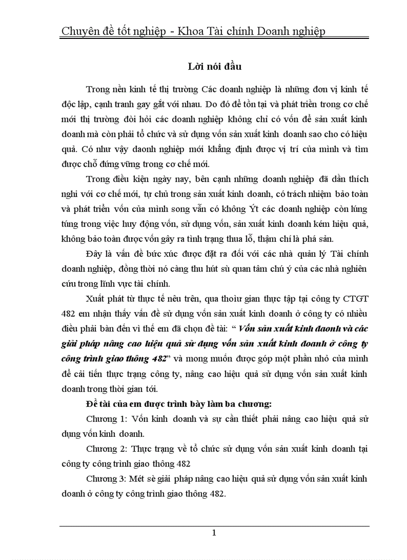 Vốn sản xuất kinh daonh và các giải pháp nâng cao hiệu quả sử dụng vốn sản xuất kinh doanh ở công ty công trình giao thông 482
