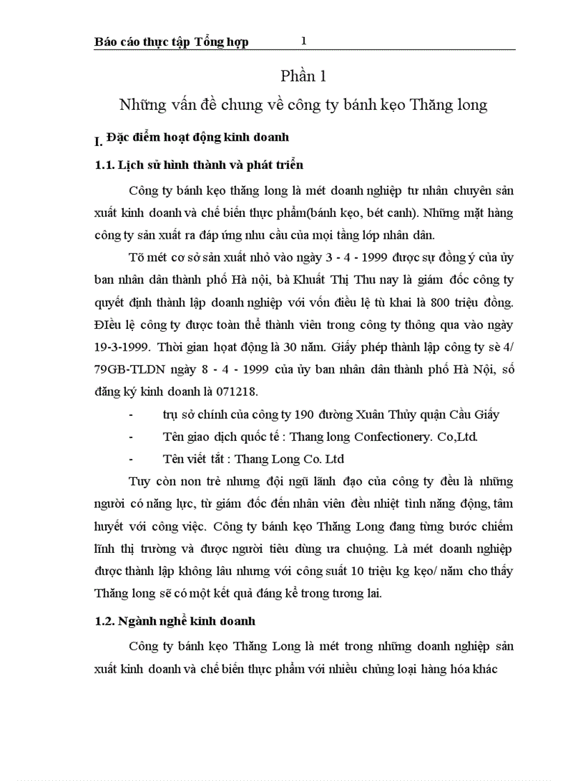 Báo cáo thực tập tổng hợp về công ty bánh kẹo Thăng long