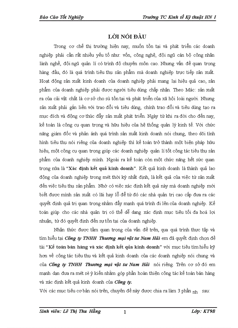 Kế toán bán hàng và xác định kết qủa kinh doanh tại Công ty TNHH thương mại vật tư Nam Hải