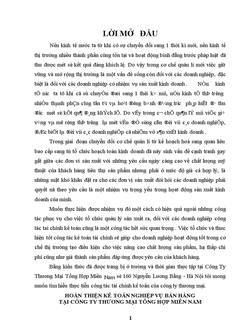 Hoàn thiện kế toán nghiệp vụ bán hàng hoá ở công ty thương mại tổng hợp miền nam chi nhánh Hà nội 1