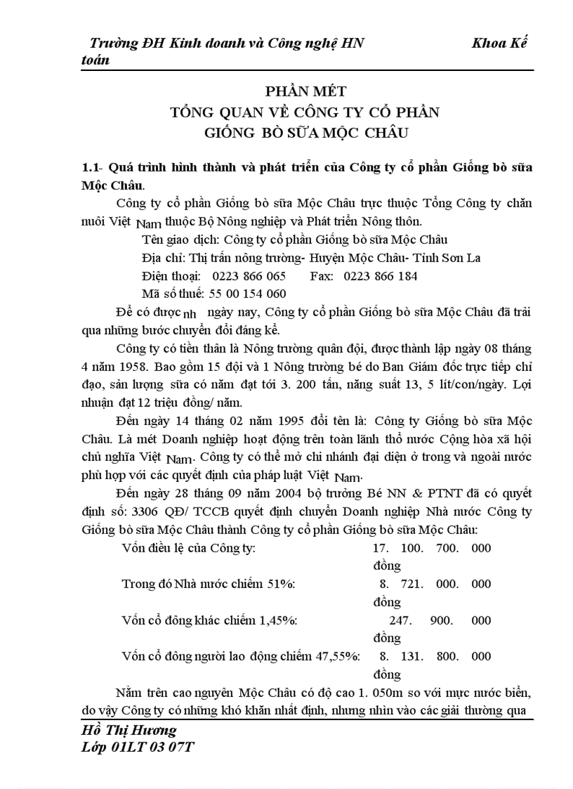 Kế toán các yếu tố sản xuất kinh doanh tại Công ty cổ phần giống bò sữa Mộc Châu 1