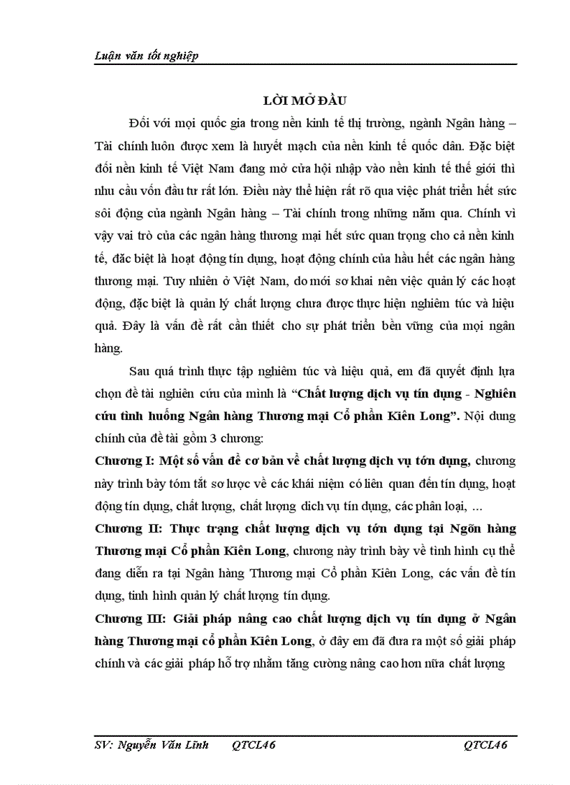 Chất lượng dịch vụ tín dụng Nghiên cứu tình huống Ngân hàng Thương mại Cổ phần Kiên Long