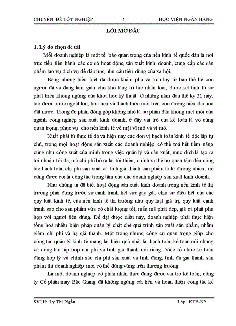 Thực trạng và giải pháp hoàn thiện kế toán chi phí sản xuất và tính giá thành sản phẩm tại công ty cổ phần may Bắc Giang 1