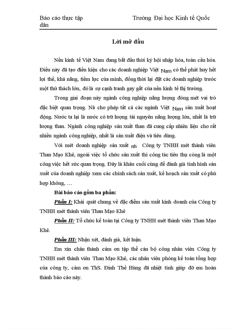 Báo cáo thực tập tại Công ty TNHH một thành viên Than Mạo Khê