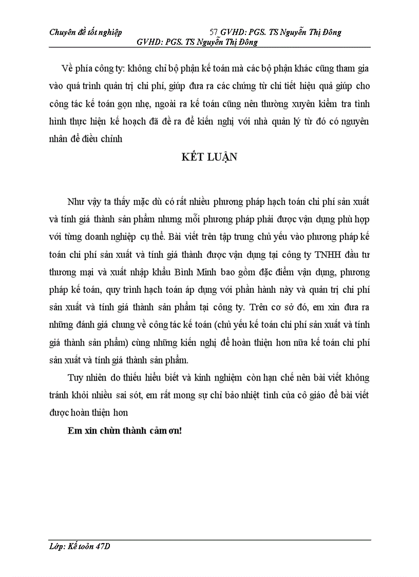 Hoàn thiện kế toán chi phí sản xuất và tính giá thành tại công ty TNHH đầu tư thương mại và xuất nhập khẩu Bình Minh