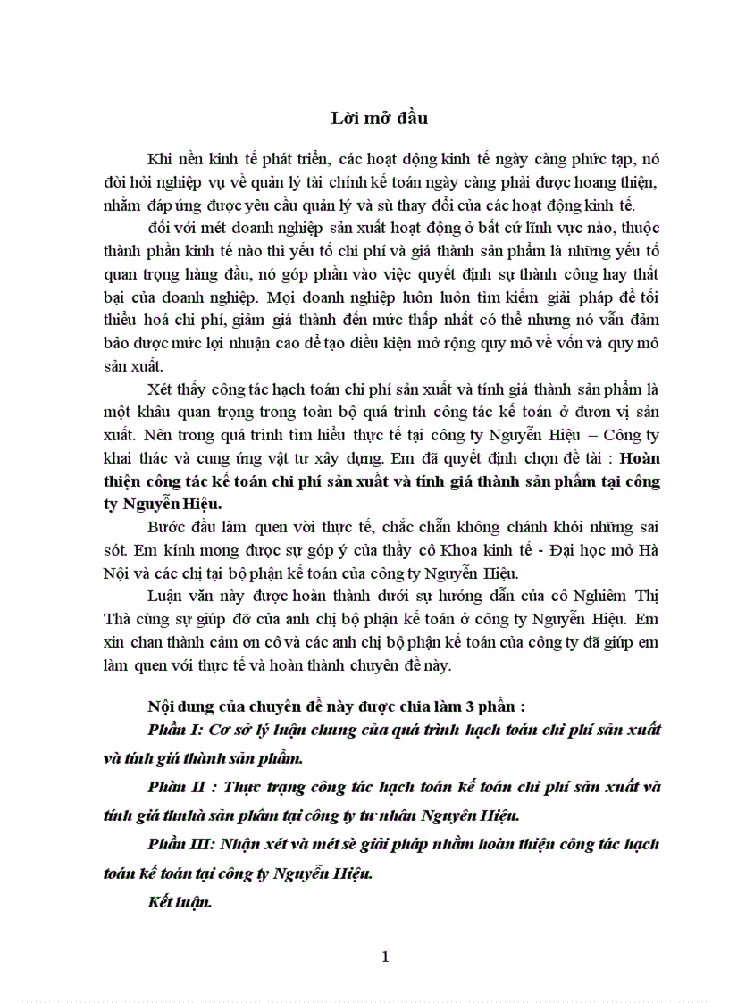 Hoàn thiện công tác kế toán chi phí sản xuất và tính giá thành sản phẩm tại Công ty Nguyễn Hiệu 1