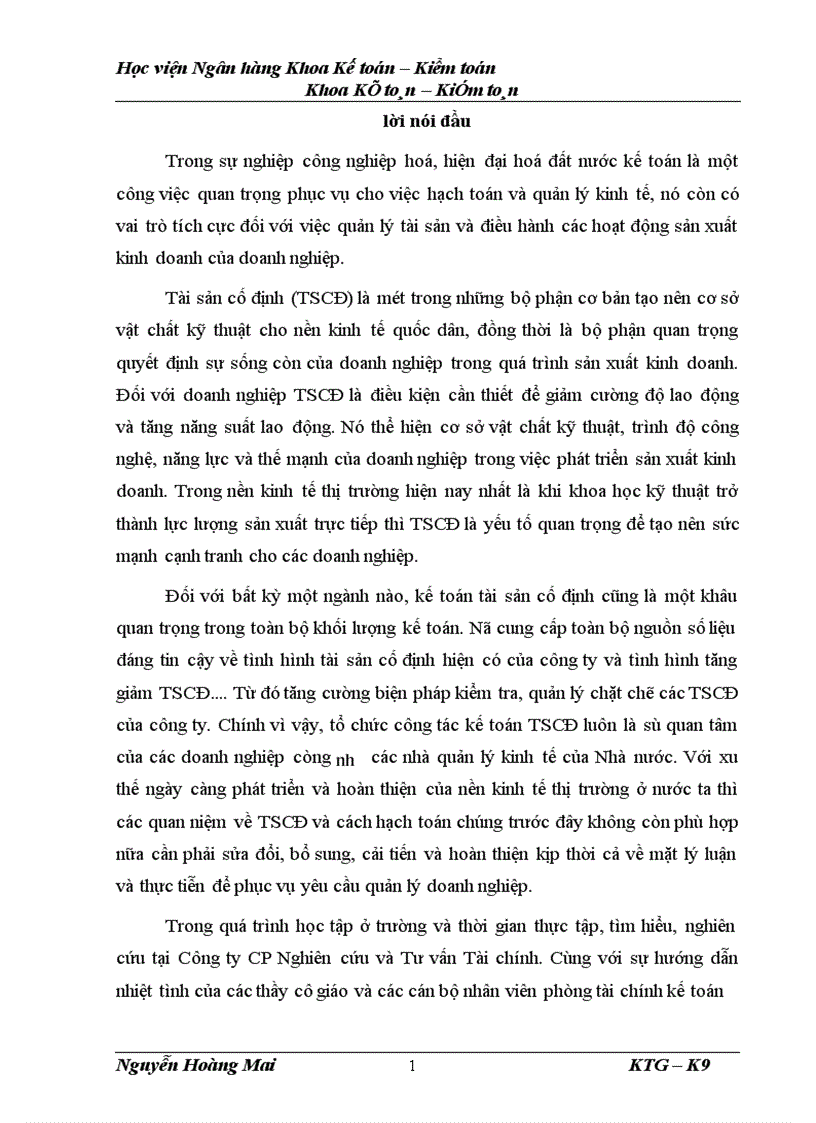 Tổ chức hạch toán tài sản cố định với những vấn đề về quản lý và nâng cao hiệu quả sử dụng tài sản cố định tại Công ty CP Nghiên cứu và Tư vấn tài chính 1