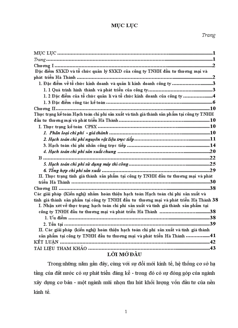 Hạch toán chi phí sản xuất và tính giá thành sản phẩm tại Công ty TNHH đầu tư thương mại và phát triển Hà Thành 1