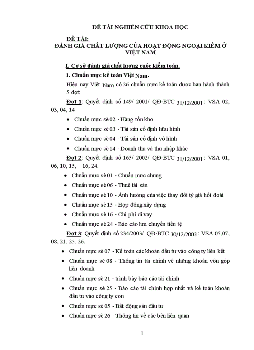 đánh giá chất lượng của hoạt động ngoại kiểm ở việt nam I