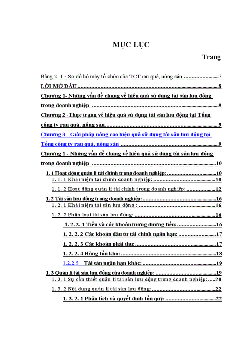Nâng cao hiệu quả sử dụng tài sản lưu động tại Tổng công ty rau quả nông sản