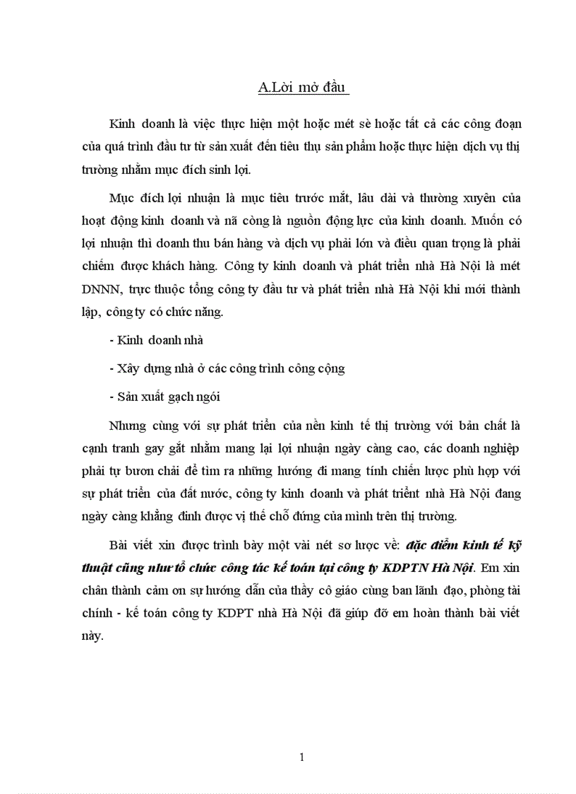 đặc điểm kinh tế kỹ thuật cũng như tổ chức công tác kế toán tại công ty KDPTN Hà Nội 1