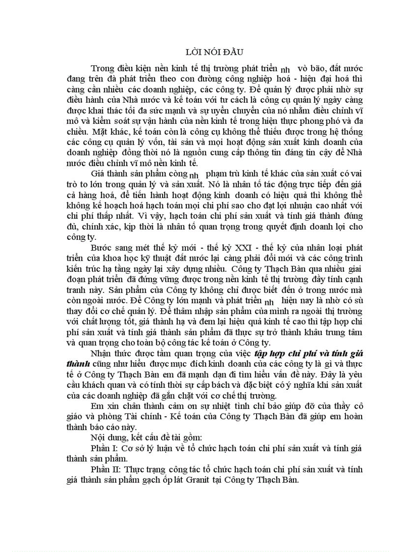 Thực trạng công tác tổ chức hạch toán chi phí sản xuất và tính giá thành sản phẩm gạch ốp lát Granit tại Công ty Thạch Bàn 1