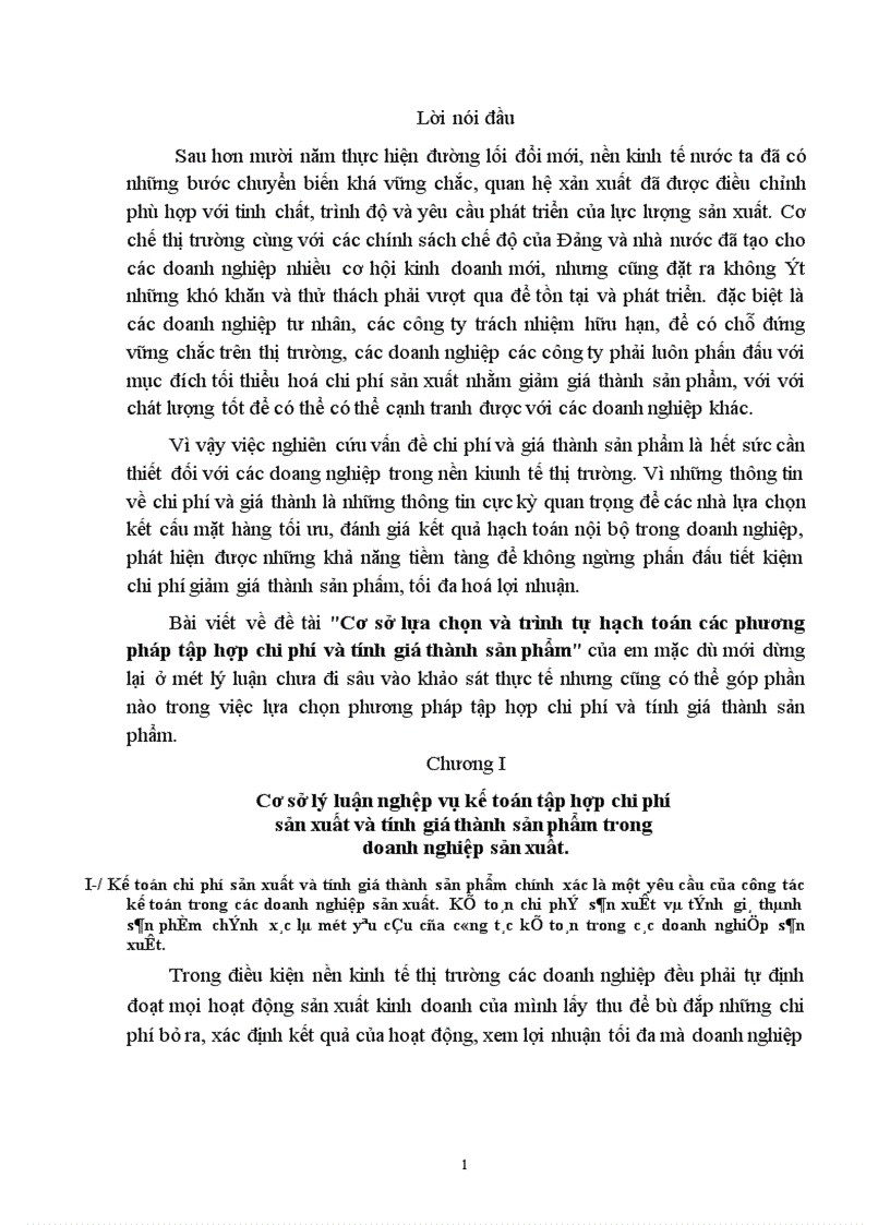 Cơ sở lựa chọn và trình tự hạch toán các phương pháp tập hợp chi phí và tính giá thành sản phẩm 1