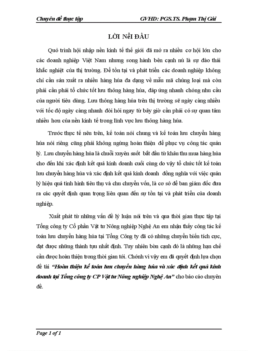 Hoàn thiện kế toán lưu chuyển hàng hóa và xác định kết quả kinh doanh tại Tổng công ty CP Vật tư Nông nghiệp Nghệ An 1