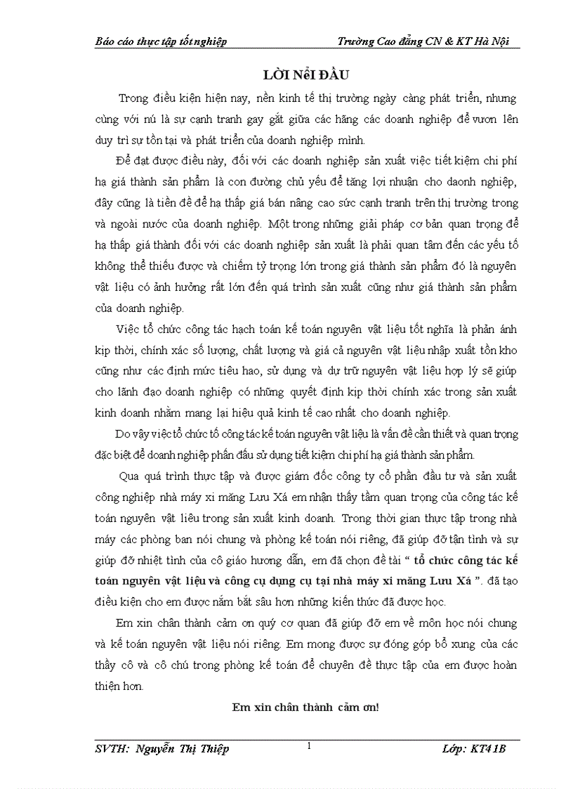 tổ chức công tác kế toán nguyên vật liệu và công cụ dụng cụ tại nhà máy xi măng Lưu Xá