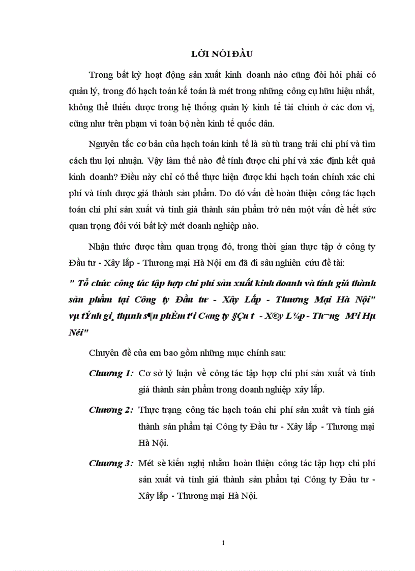 Tổ chức công tác tập hợp chi phí sản xuất kinh doanh và tính giá thành sản phẩm tại Công ty Đầu tư Xây Lắp Thương Mại Hà Nội 1