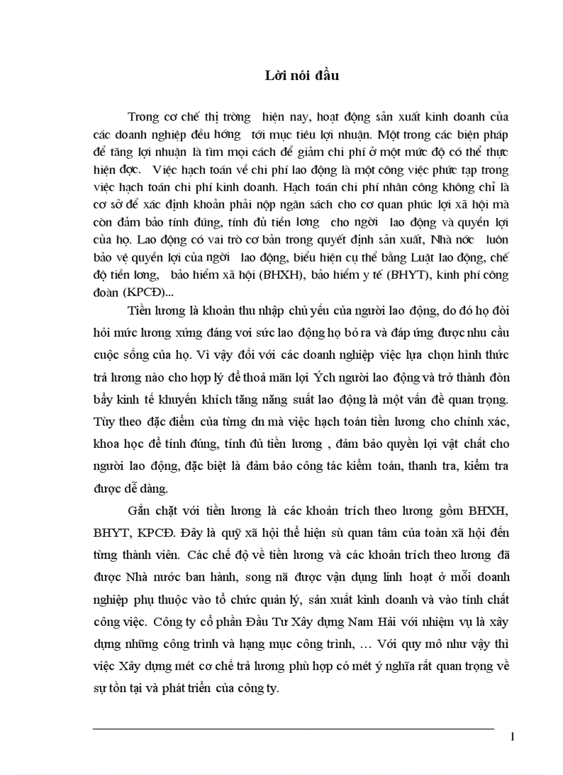Kế toán tiền lương và các khoản trích theo lương tại công ty cổ phần ĐTXD Nam Hải 1