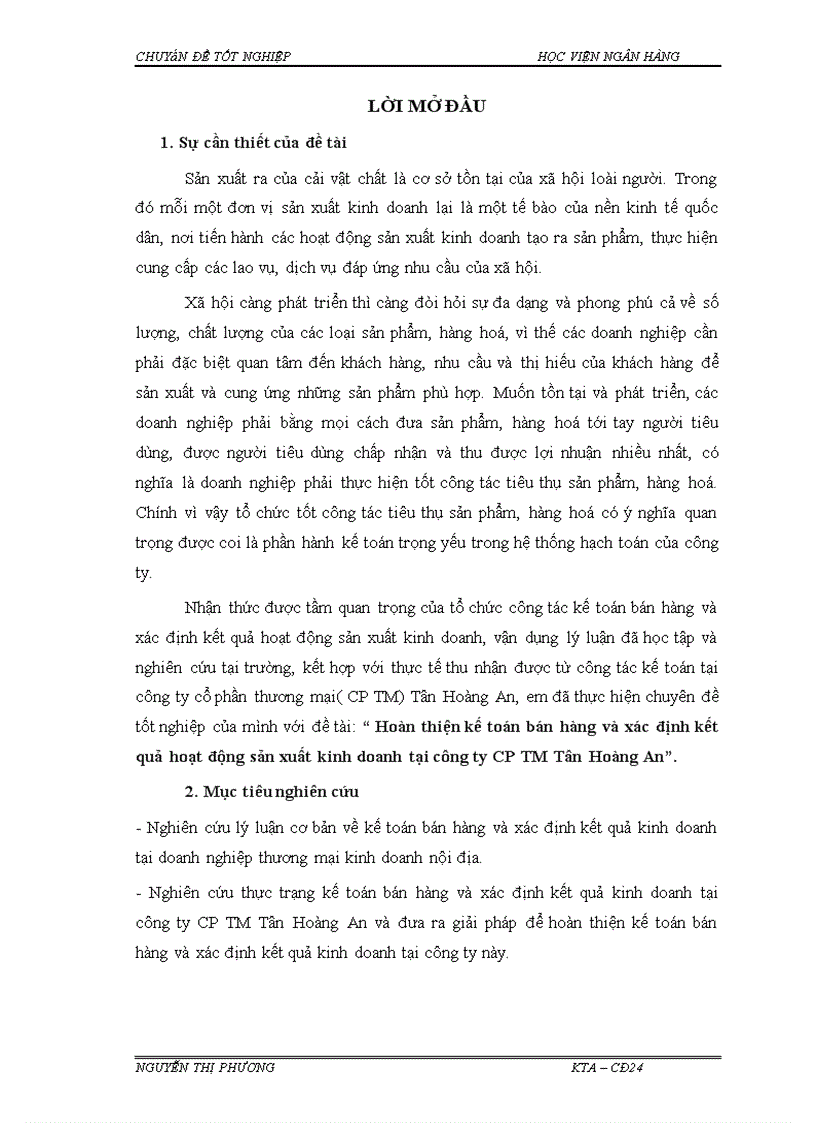 Hoàn thiện kế toán bán hàng và xác định kết quả hoạt động sản xuất kinh doanh tại công ty CP TM Tân Hoàng An