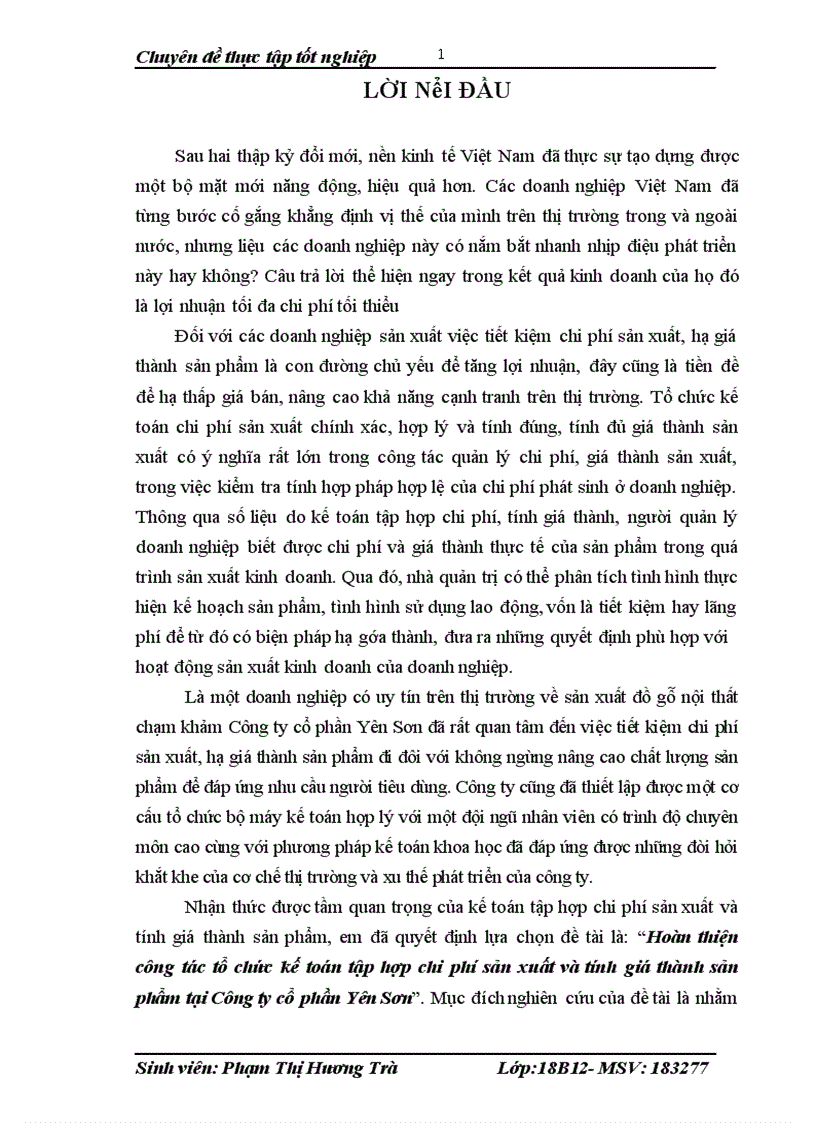 Hoàn thiện công tác tổ chức kế toán tập hợp chi phí sản xuất và tính giá thành sản phẩm tại Công ty cổ phần Yên Sơn 1