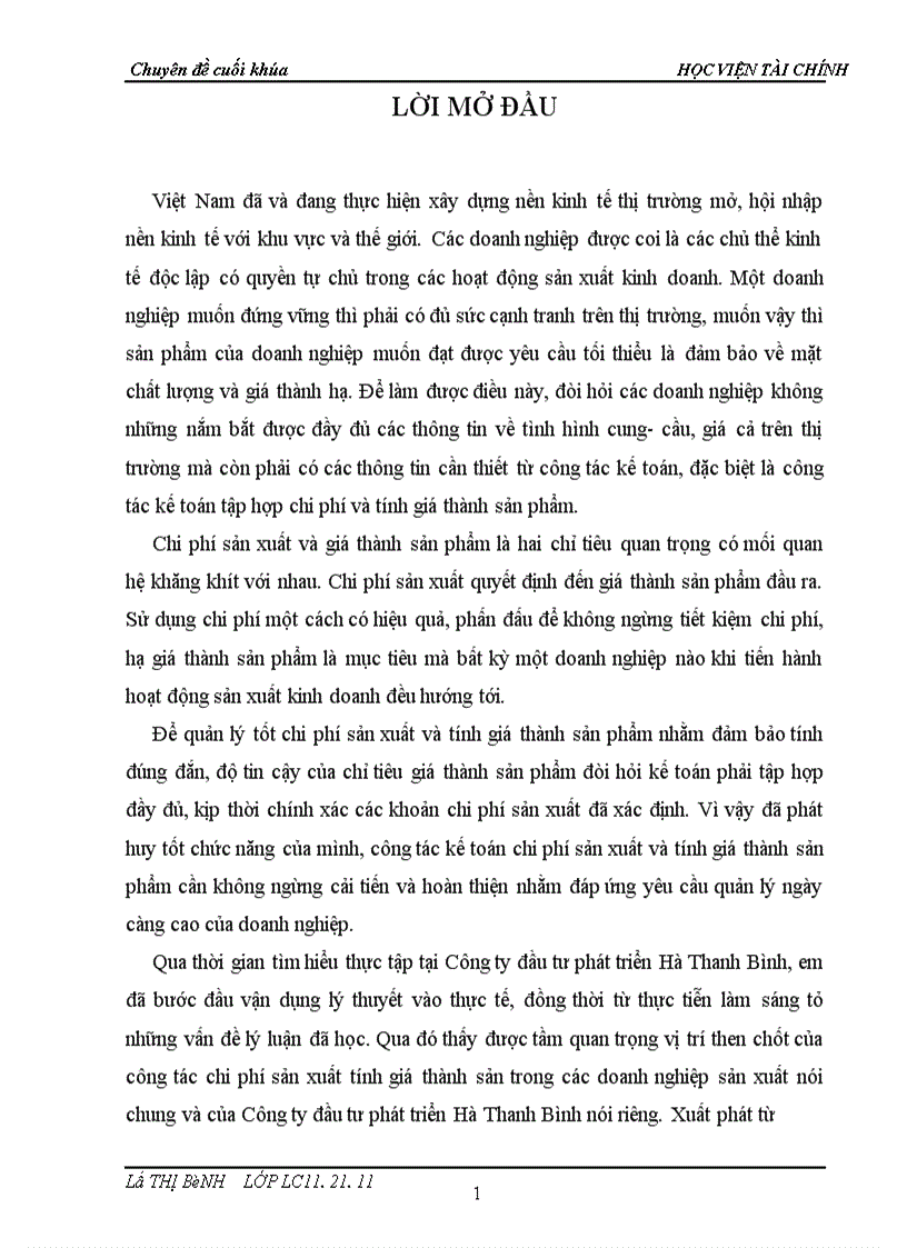 Tổ chức kế toán chi phí sản xuất và tính giá thành sản phẩm tại Công ty đầu tư phát triển Hà Thanh Bình 1
