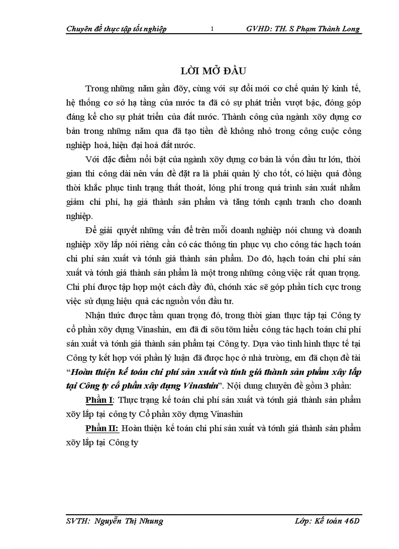 Hoàn thiện kế toỏn chi phớ sản xuất và tớnh giỏ thành sản phẩm xõy lắp tại Cụng ty cổ phần xõy dựng Vinashin 1
