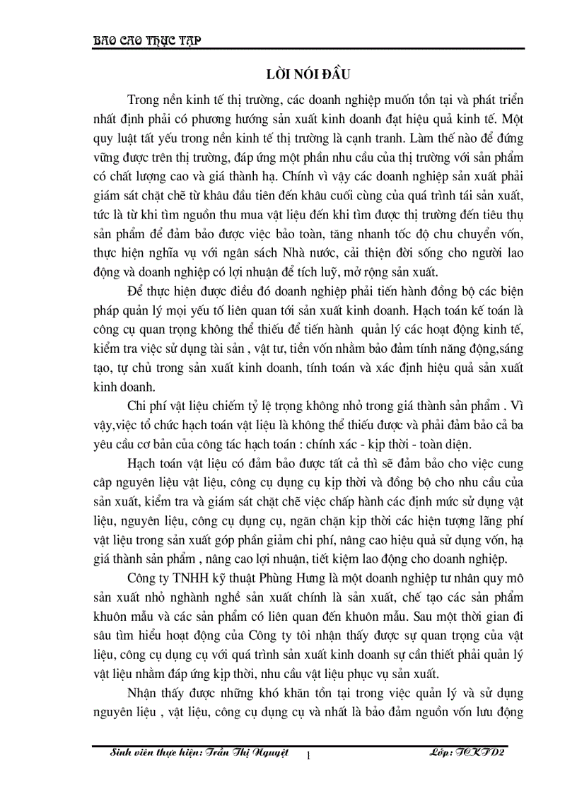 Hạch toán nguyên vật liệu, công cụ dụng cụ ở doanh nghiệp sản xuất ở Công ty TNHH kỹ thuật Phùng Hưng.