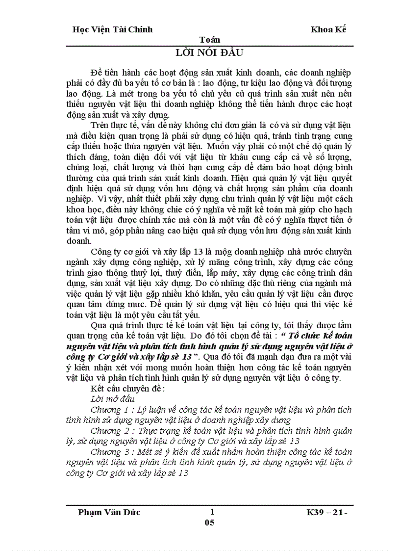 Tổ chức kế toán nguyên vật liệu và phân tích tình hình quản lý sử dụng nguyên vật liệu ở công ty Cơ giới và xây lắp số 13 1