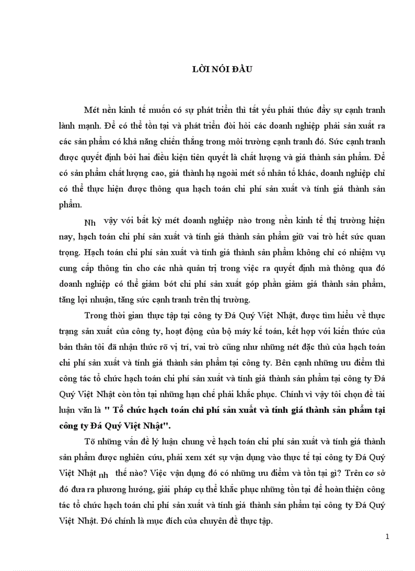 Tổ chức hạch toán chi phí sản xuất và tính giá thành sản phẩm tại công ty Đá Quý Việt Nhật 1
