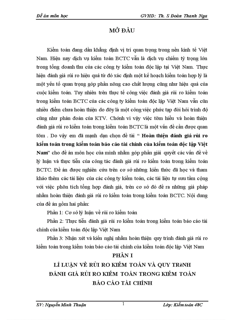 Hoàn thiện đánh giá rủi ro kiểm toán trong kiểm toán báo cáo tài chính của kiểm toán độc lập Việt Nam 1