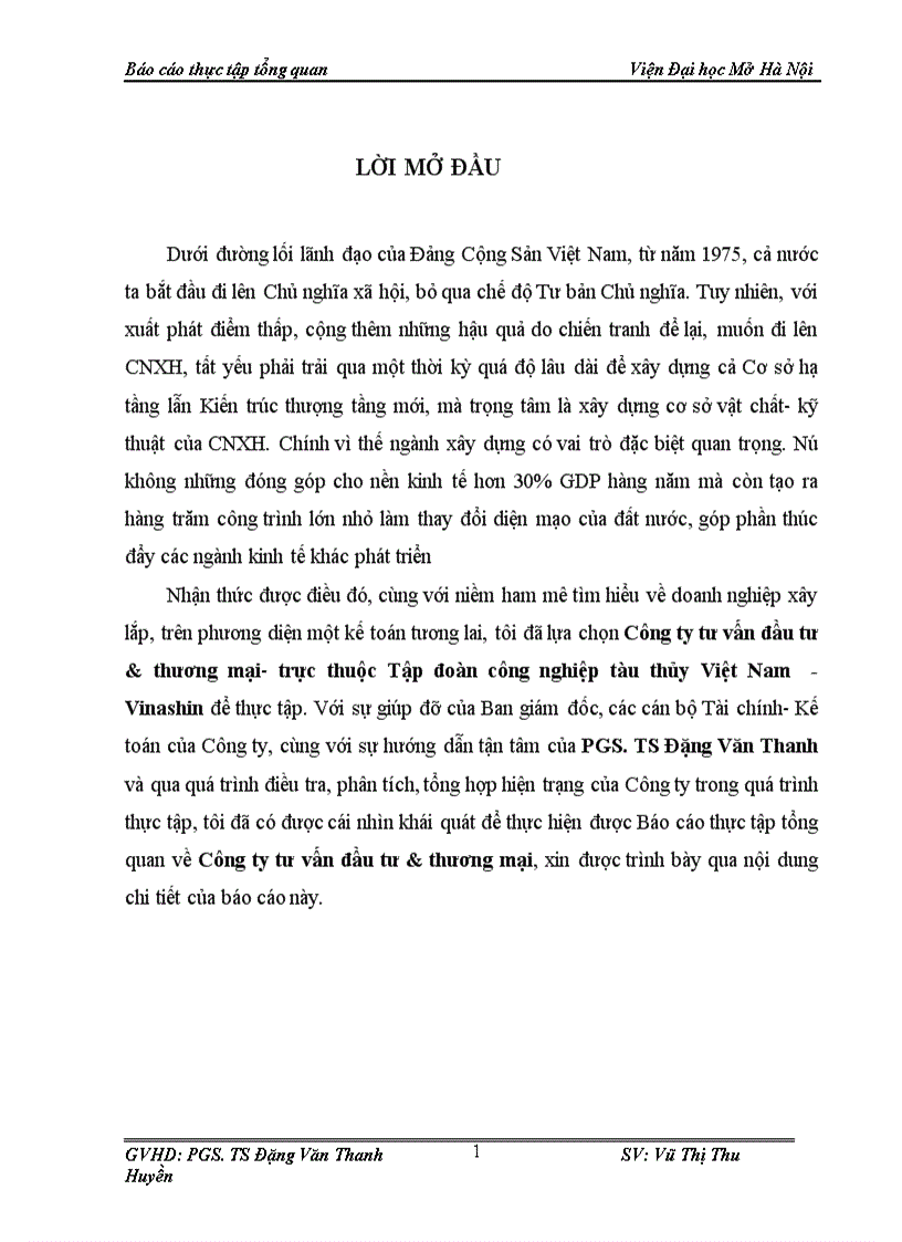 Báo cáo thực tập tổng hợp tai Công ty tư vấn đầu tư thương mại trực thuộc Tập đoàn công nghiệp tàu thủy Việt Nam Vinashi