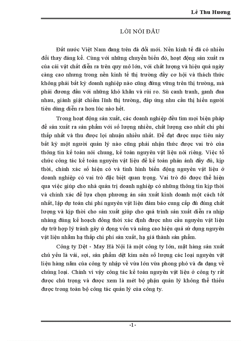 Tổ chức công tác kế toán nguyên vật kiệu tại công ty Dệt May Hà Nội 1