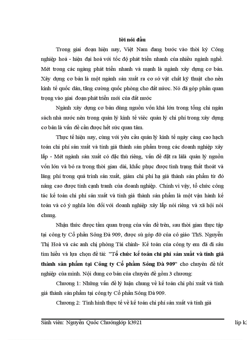 Tổ chức kế toán chi phí sản xuất và tính giá thành sản phẩm tại Công ty Cổ phầm Sông Đà 909 1