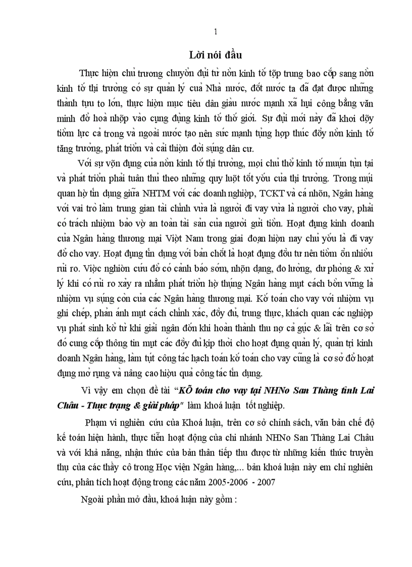 Kế toán cho vay tại NHNo San Thàng tỉnh Lai Châu Thực trạng giải pháp 1
